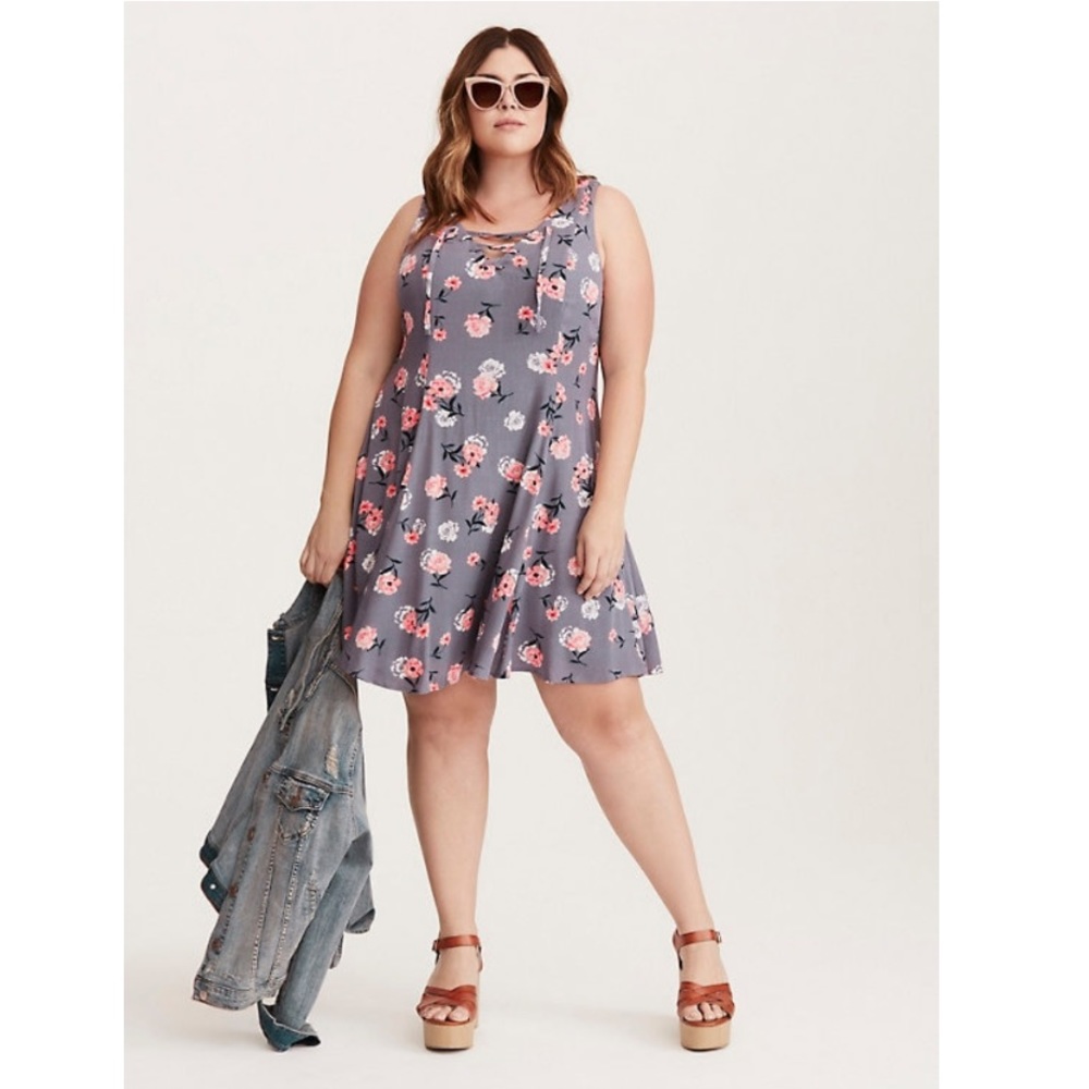 FLORAL PRINT LACE UP GAUZE TRAPEZE DRESS